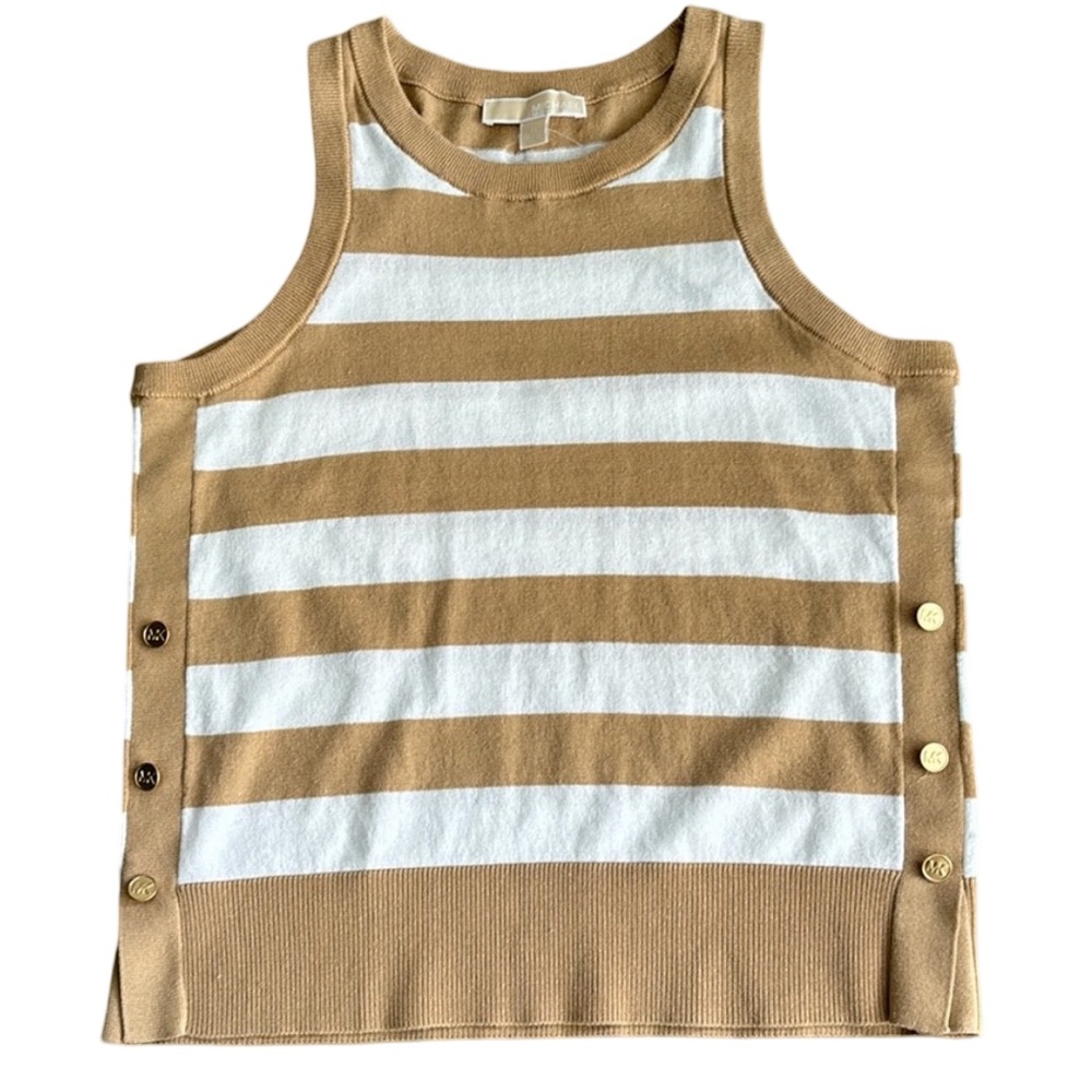 MICHAEL KORS WOMENS STRIPPED KNIT TANK TOP. CREW NECK.  Medium, khaki/white